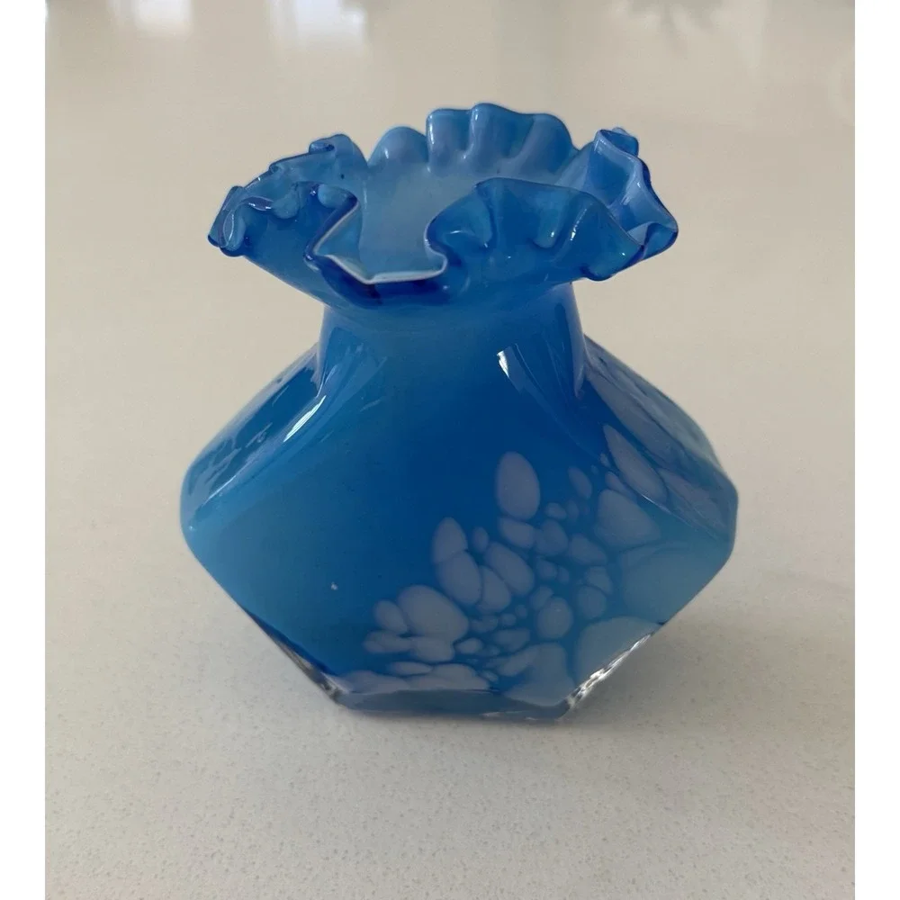 Vintage Handblown Splatter Vase‎ Ruffled Bright Sky Blue White Accents